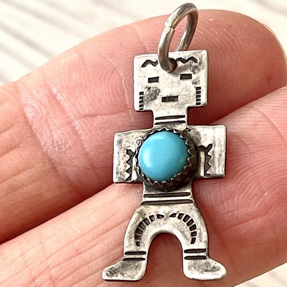 Tiny Navajo Dancer Turquoise Pendant Harvey Era Sterling Charm Native‎ VTG